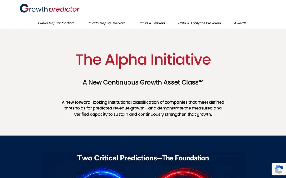 Screenshot of the Growth Predictor homepage: ‘The Alpha Initiative’